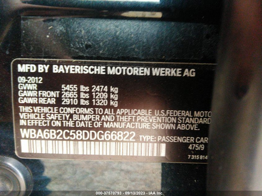 2013 BMW 6 SERIES 650I - WBA6B2C58DDG66822