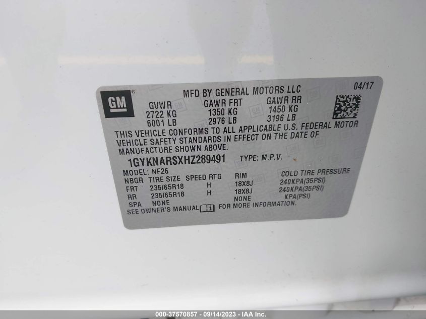 2017 CADILLAC XT5 FWD - 1GYKNARSXHZ289491