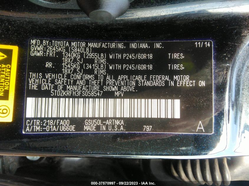 2015 TOYOTA HIGHLANDER LE - 5TDZKRFH3FS058547