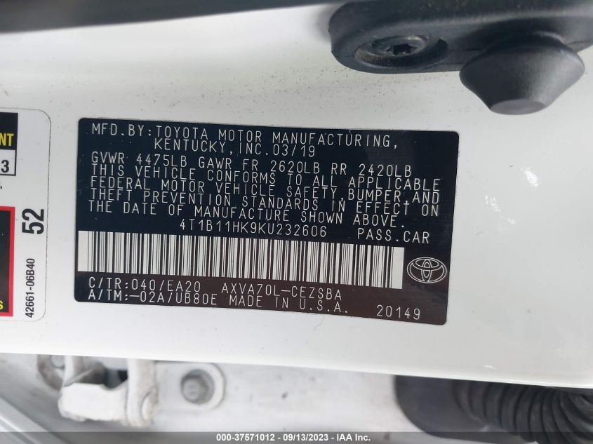 2019 TOYOTA CAMRY LE/SE/XLE/L - 4T1B11HK9KU232606