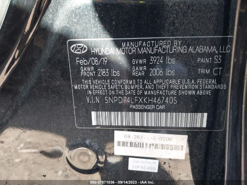2019 HYUNDAI ELANTRA SE - 5NPD74LFXKH467405