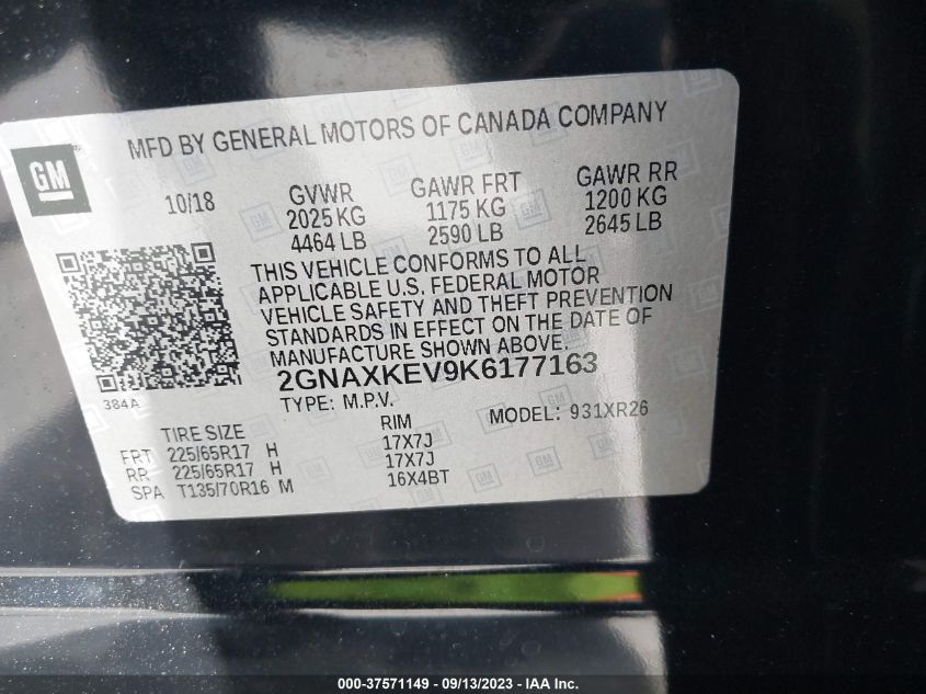 2019 CHEVROLET EQUINOX LT - 2GNAXKEV9K6177163