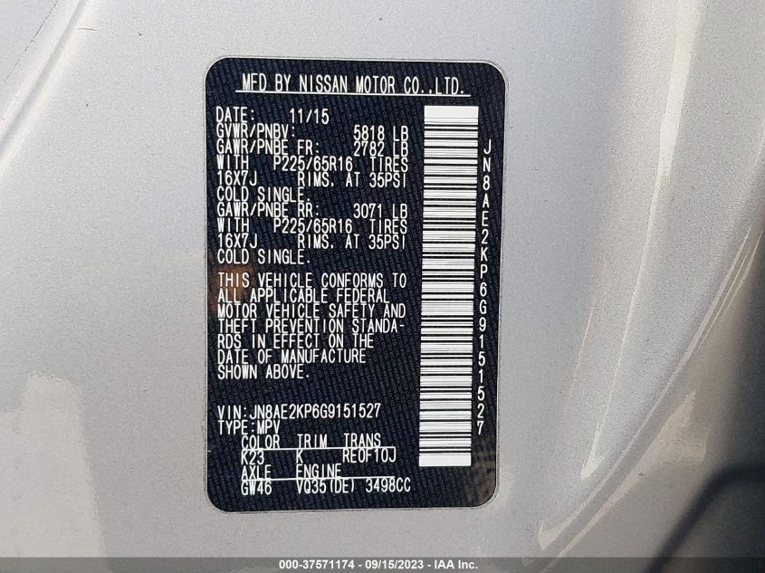 2016 NISSAN QUEST SV/S/PLATINUM/SL - JN8AE2KP6G9151527