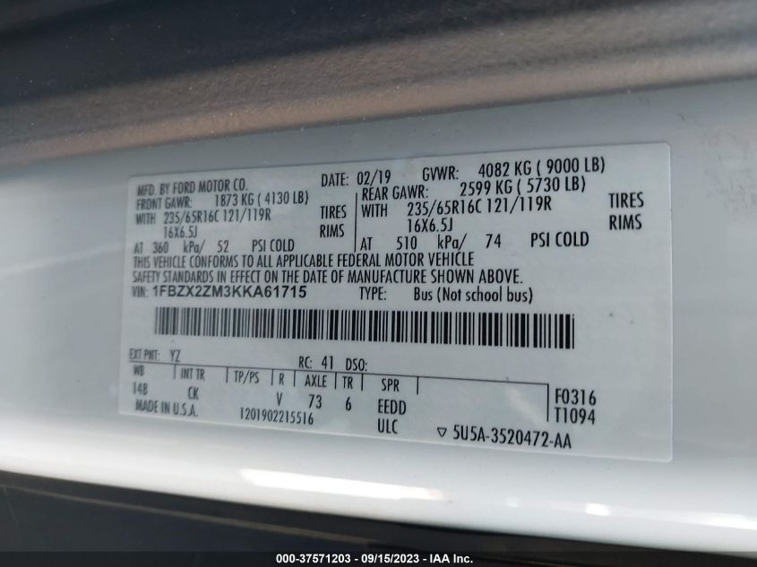 2019 FORD TRANSIT-350 XLT - 1FBZX2ZM3KKA61715