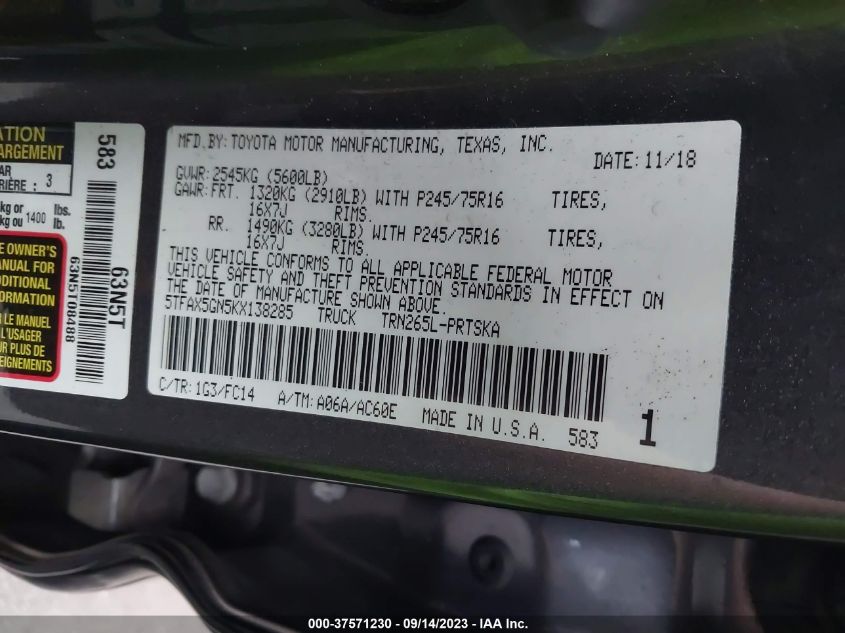 2019 TOYOTA TACOMA 2WD SR/SR5 5TFAX5GN5KX138285