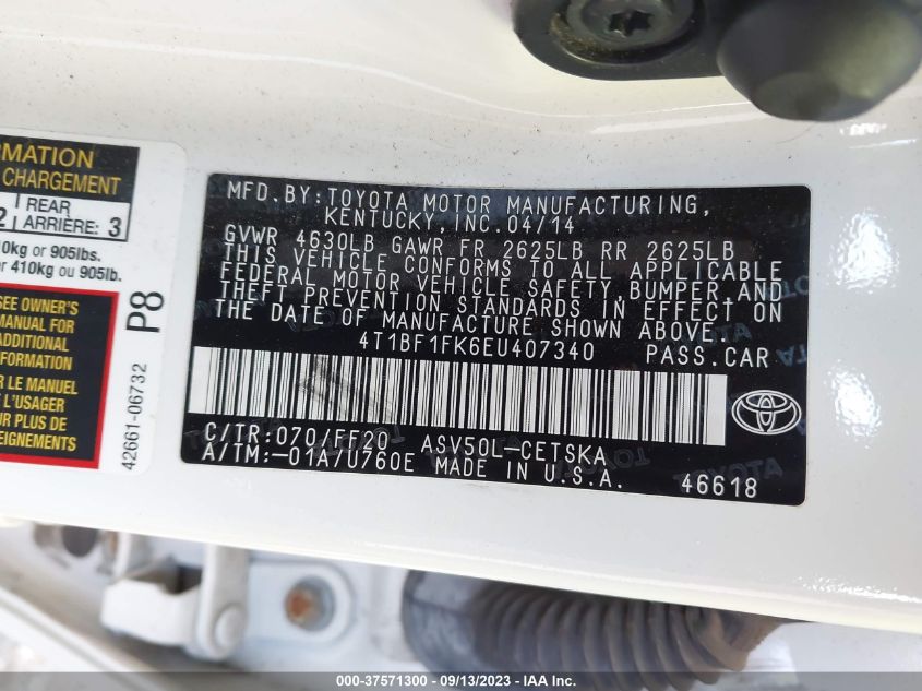 2014 TOYOTA CAMRY L/LE/XLE/SE/SE SPORT - 4T1BF1FK6EU407340