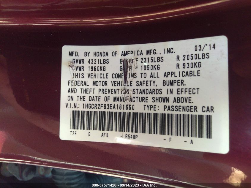 2014 HONDA ACCORD SEDAN EX-L - 1HGCR2F83EA181660