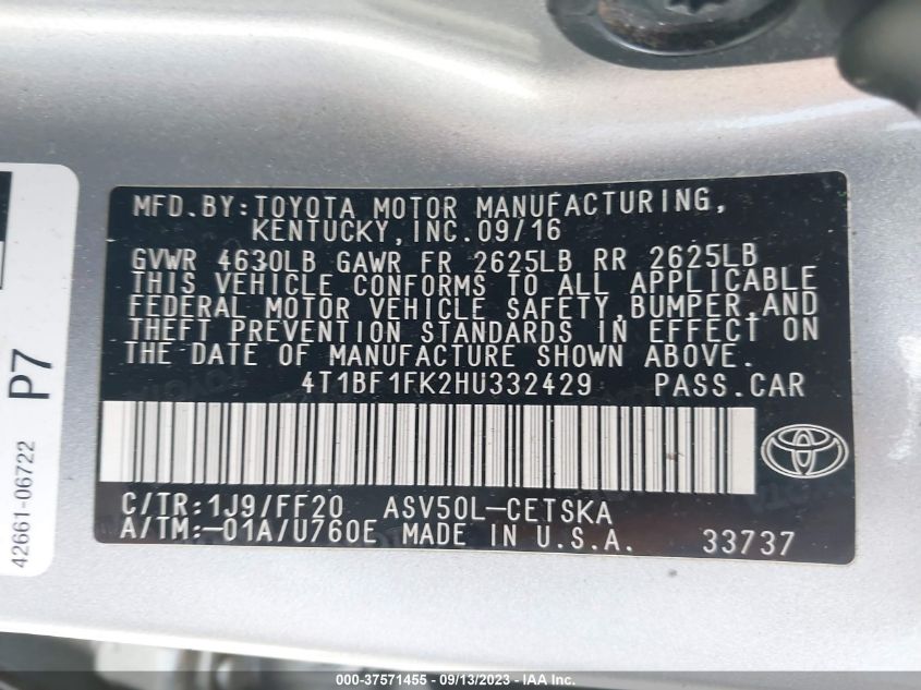 2017 TOYOTA CAMRY XLE/SE/LE/XSE - 4T1BF1FK2HU332429