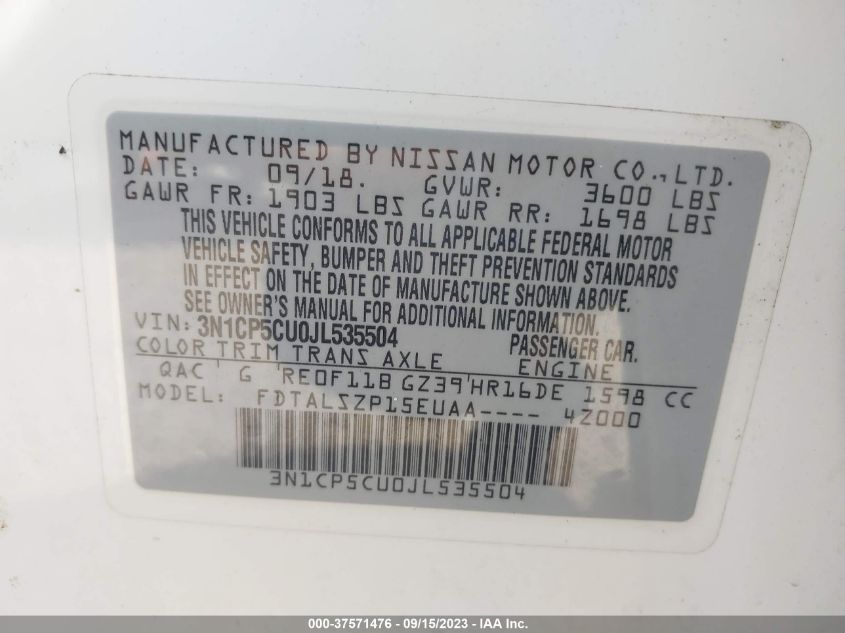 2018 NISSAN KICKS SV - 3N1CP5CU0JL535504