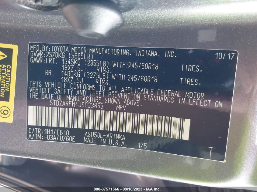2018 TOYOTA HIGHLANDER LE - 5TDZARFH4JS033863
