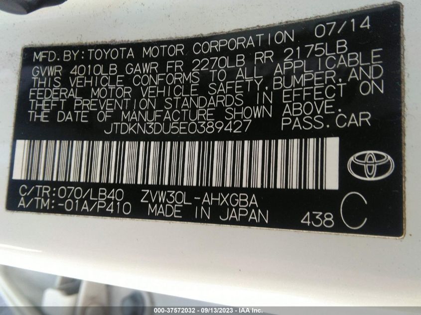 2014 TOYOTA PRIUS - JTDKN3DU5E0389427