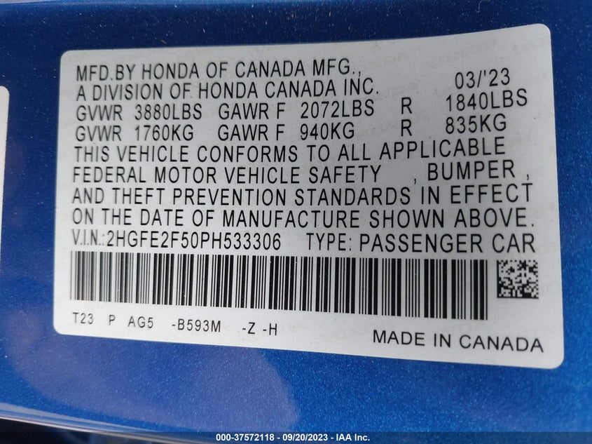 VIN 2HGFE2F50PH533306 2023 HONDA CIVIC SEDAN SPORT