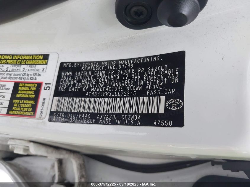 2018 TOYOTA CAMRY LE/SE/XLE/L - 4T1B11HKXJU072315