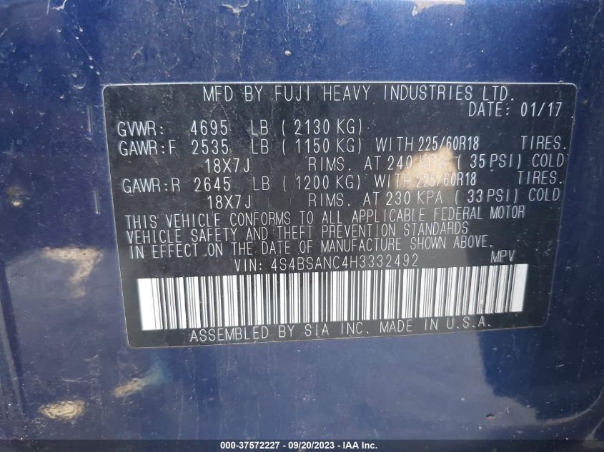 2017 SUBARU OUTBACK 2.5I LIMITED - 4S4BSANC4H3332492