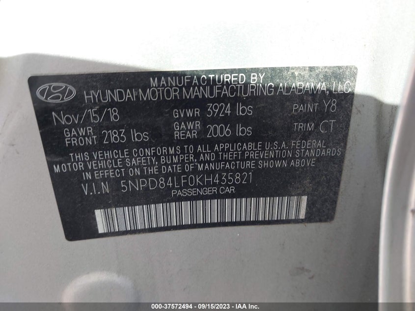 VIN 5NPD84LF0KH435821 2019 HYUNDAI ELANTRA SEL