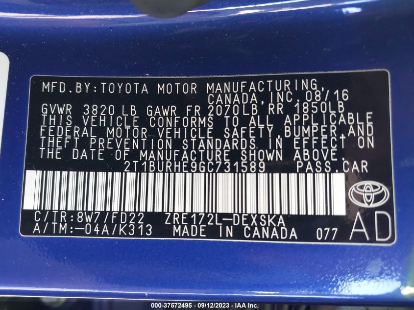 2016 TOYOTA COROLLA L/LE/S/S PLUS/LE PLUS - 2T1BURHE9GC731589