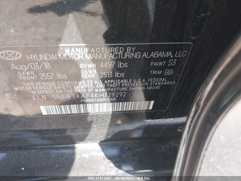 VIN 5NPE34AF4KH729292 2019 HYUNDAI SONATA SEL