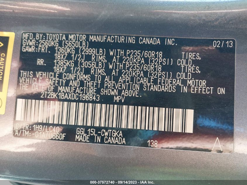 2013 LEXUS RX 350 2T2BK1BAXDC196843