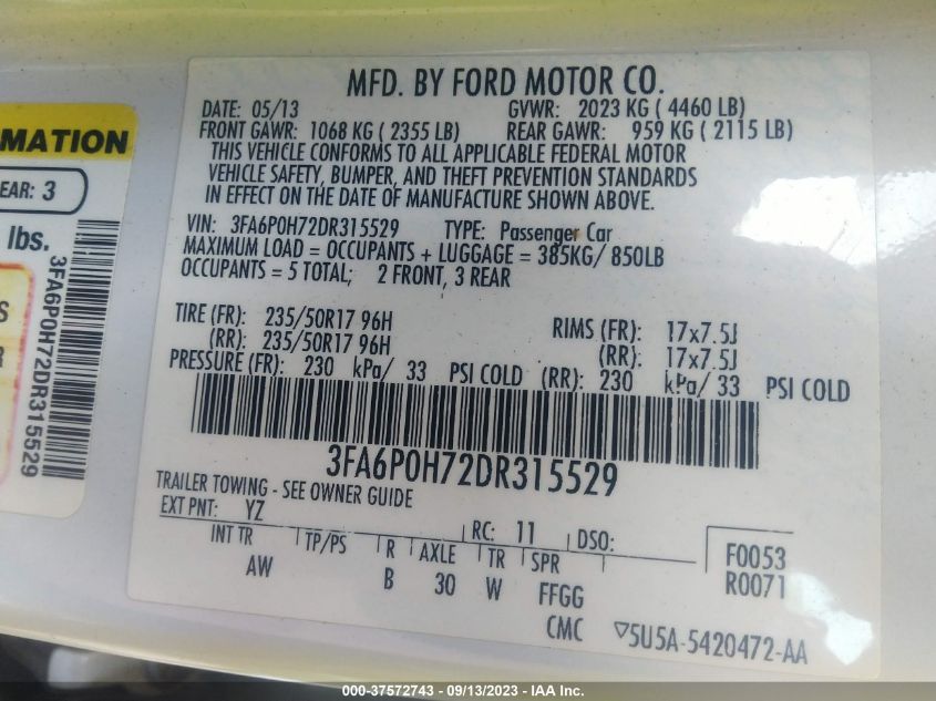 2013 FORD FUSION SE - 3FA6P0H72DR315529