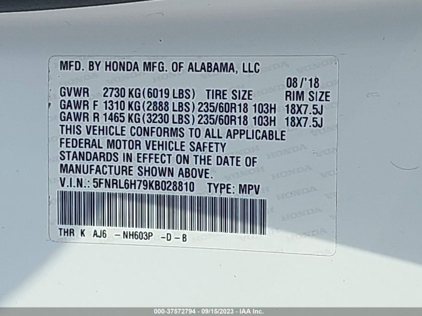2019 HONDA ODYSSEY EX-L - 5FNRL6H79KB028810