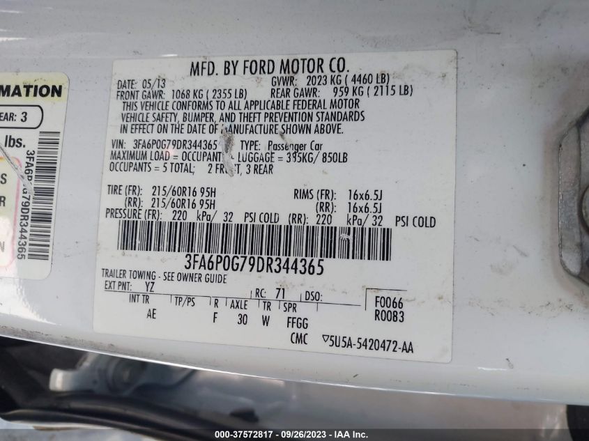 2013 FORD FUSION S - 3FA6P0G79DR344365