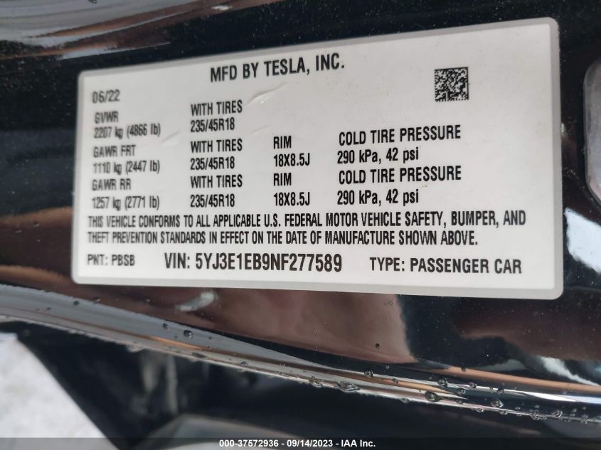 2022 TESLA MODEL 3 LONG RANGE - 5YJ3E1EB9NF277589