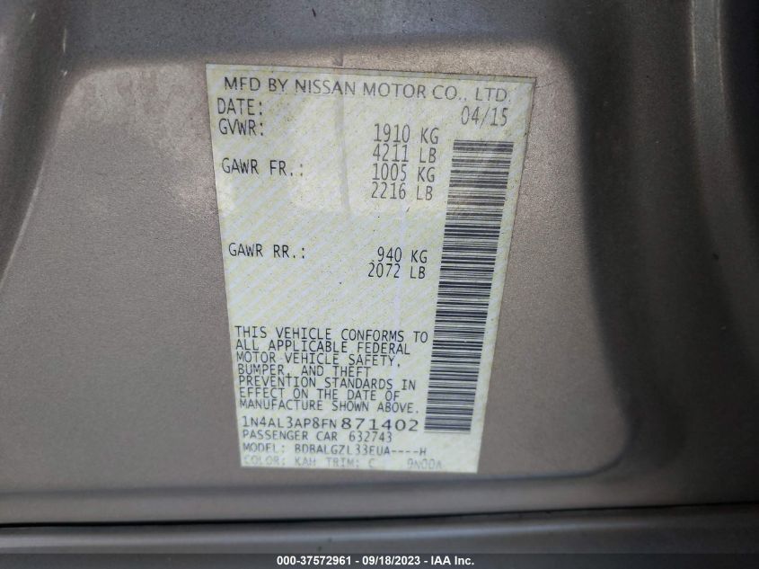 2015 NISSAN ALTIMA 2.5 S - 1N4AL3AP8FN871402