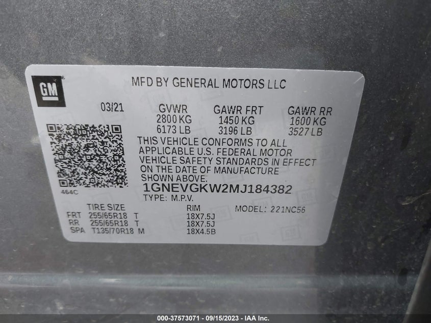 VIN 1GNEVGKW2MJ184382 2021 CHEVROLET TRAVERSE LT CLOTH