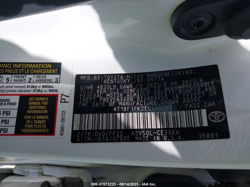 2014 TOYOTA CAMRY L/LE/XLE/SE/SE SPORT - 4T1BF1FK2EU400546