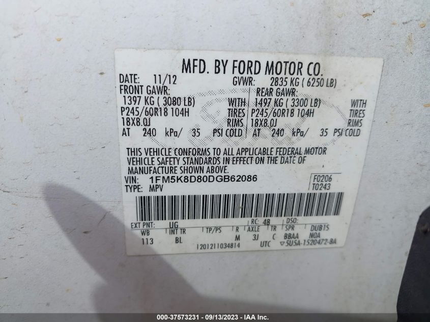 2013 FORD EXPLORER XLT - 1FM5K8D80DGB62086