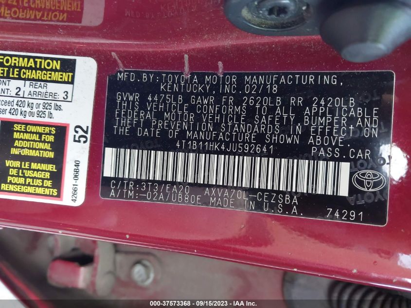 2018 TOYOTA CAMRY LE/SE/XLE/L - 4T1B11HK4JU592641