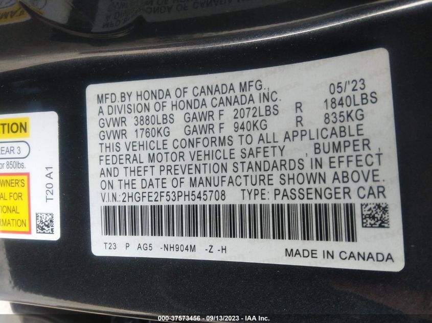 2HGFE2F53PH545708 Honda Civic Sedan SPORT 9