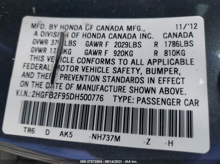 2013 HONDA CIVIC SDN EX-L - 2HGFB2F95DH500776