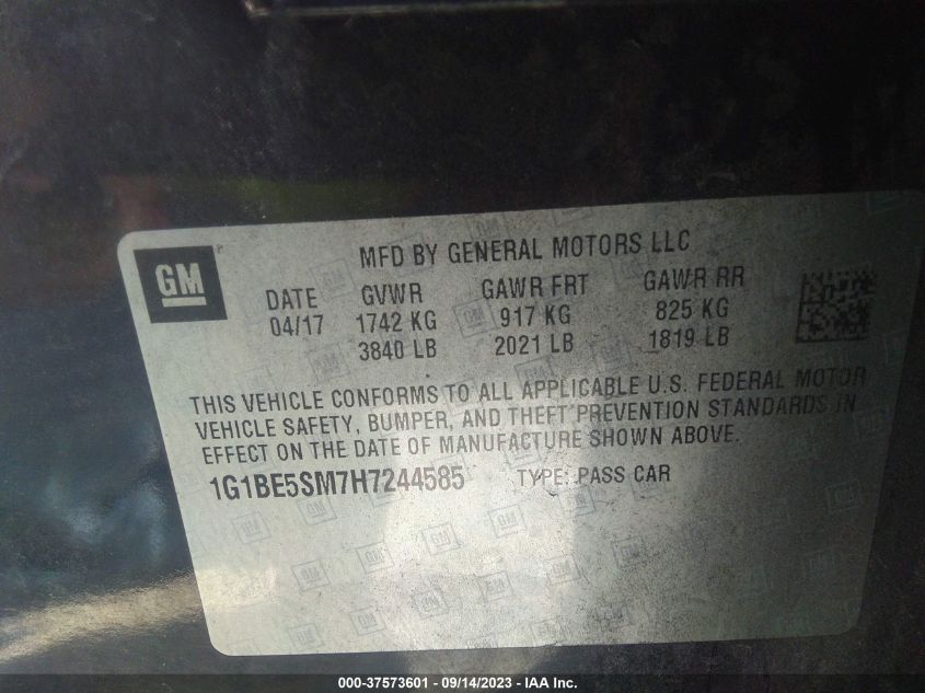 2017 CHEVROLET CRUZE LT - 1G1BE5SM7H7244585