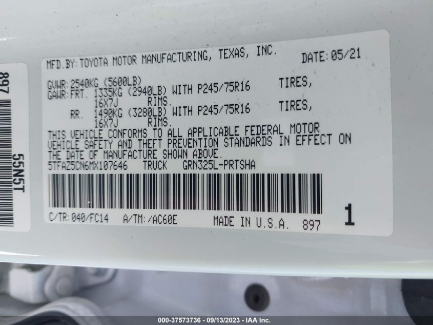 2021 TOYOTA TACOMA 2WD SR5/TRD SPORT 5TFAZ5CN6MX107646
