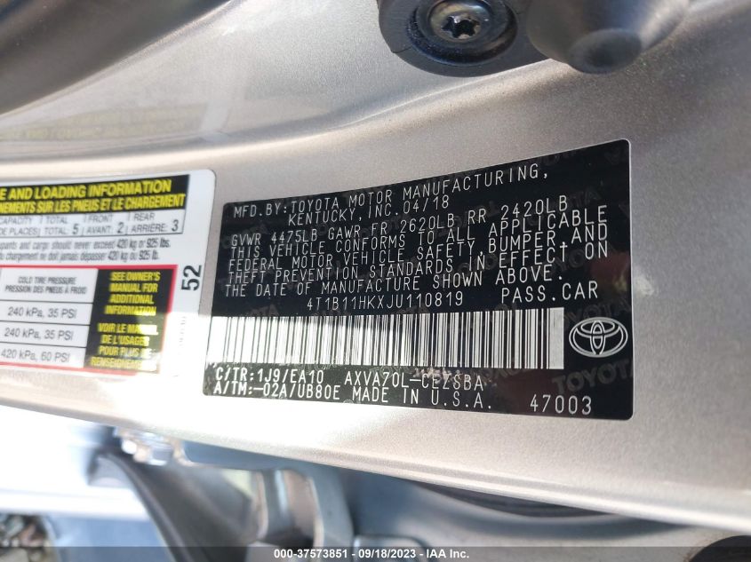 2018 TOYOTA CAMRY LE/SE/XLE/L - 4T1B11HKXJU110819