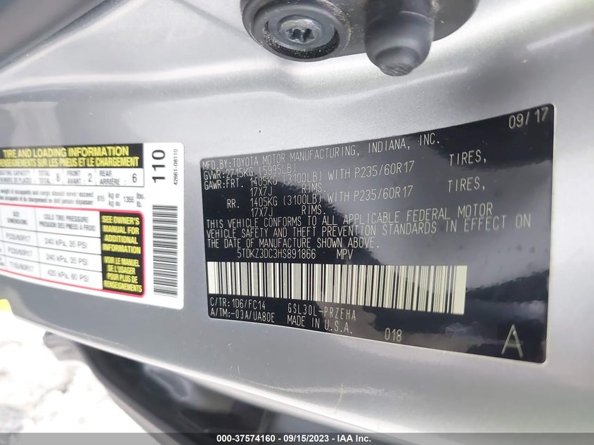 VIN 5TDKZ3DC3HS891866 2017 TOYOTA SIENNA LE