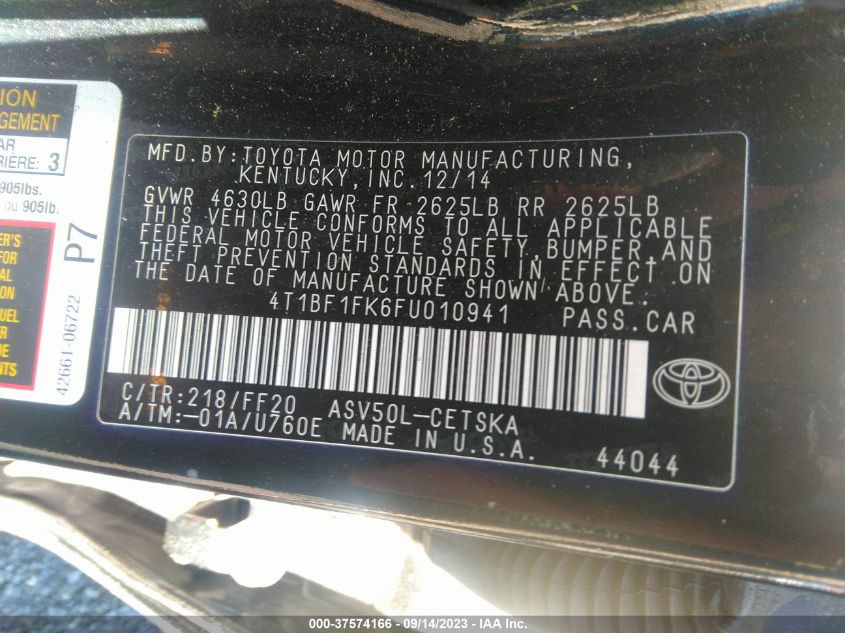 2015 TOYOTA CAMRY XLE/SE/LE/XSE - 4T1BF1FK6FU010941