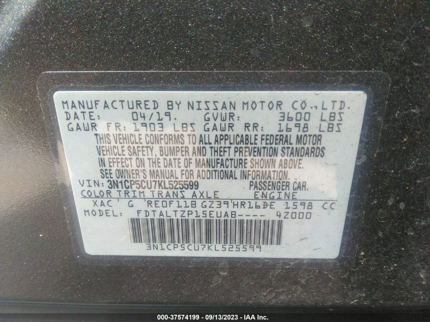 2019 NISSAN KICKS S/SR/SV - 3N1CP5CU7KL525599