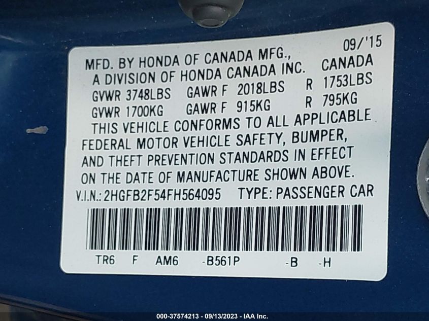 2015 HONDA CIVIC SEDAN LX - 2HGFB2F54FH564095