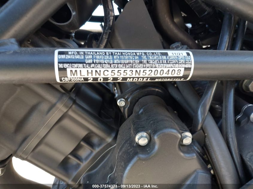 2022 HONDA CBF300 NA MLHNC5553N5200408