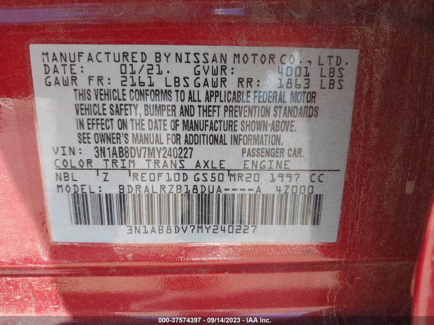 VIN 3N1AB8DV7MY240227 2021 NISSAN SENTRA SR