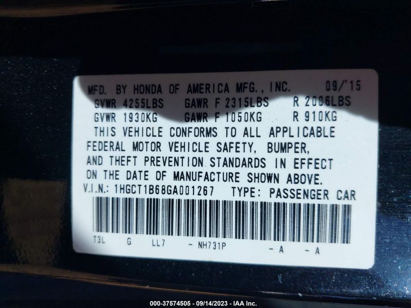 2016 HONDA ACCORD EX-L - 1HGCT1B68GA001267
