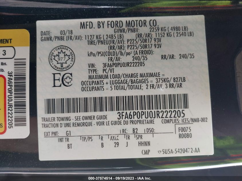 2018 FORD FUSION ENERGI SE - 3FA6P0PU0JR222205