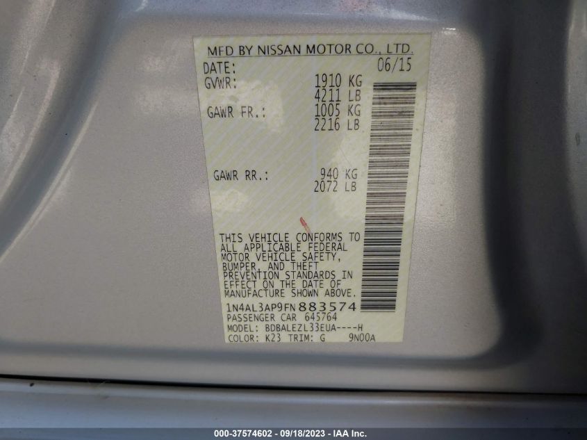 2015 NISSAN ALTIMA 2.5 S - 1N4AL3AP9FN883574