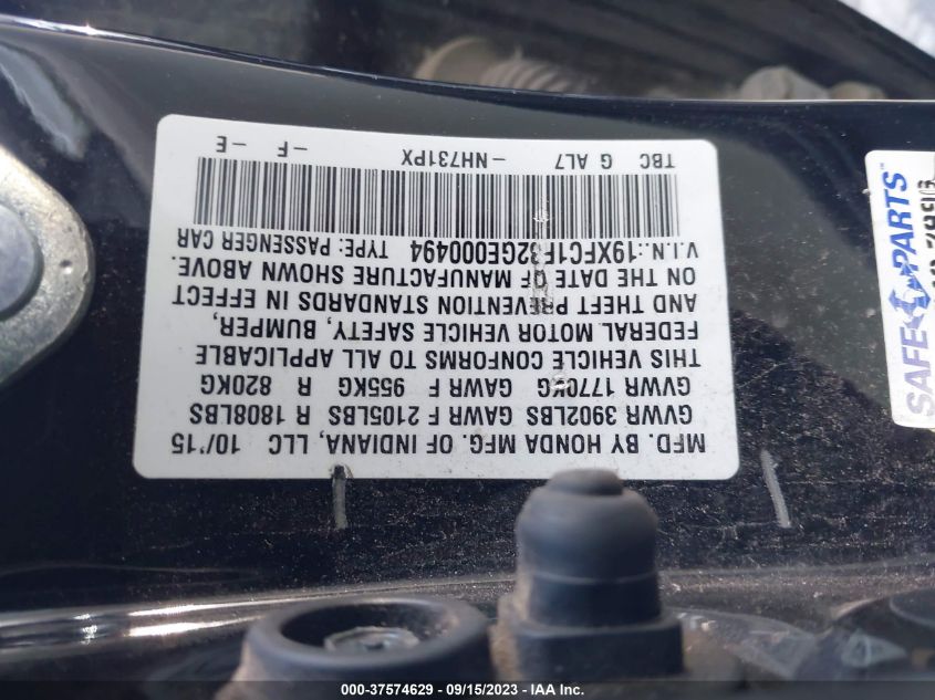 VIN 19XFC1F32GE000494 2016 HONDA CIVIC SEDAN no.9