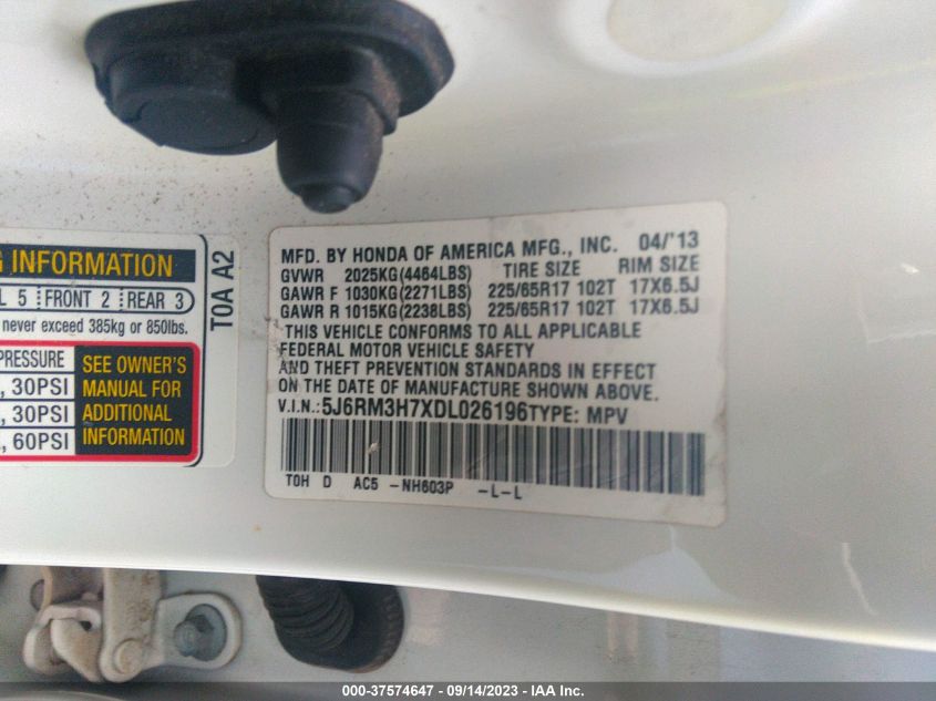 2013 HONDA CR-V EX-L - 5J6RM3H7XDL026196