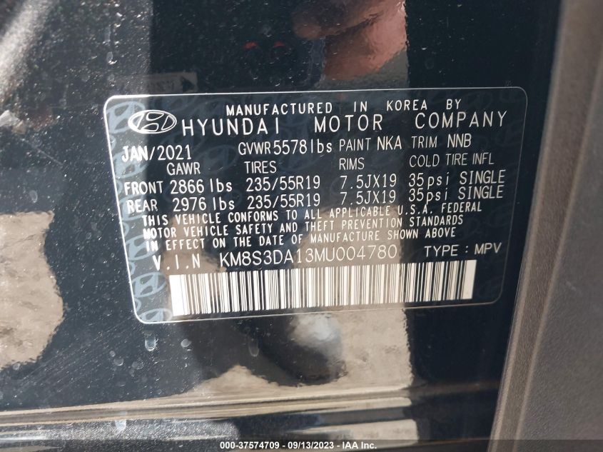 2021 HYUNDAI SANTA FE HYBRID SEL PREMIUM - KM8S3DA13MU004780