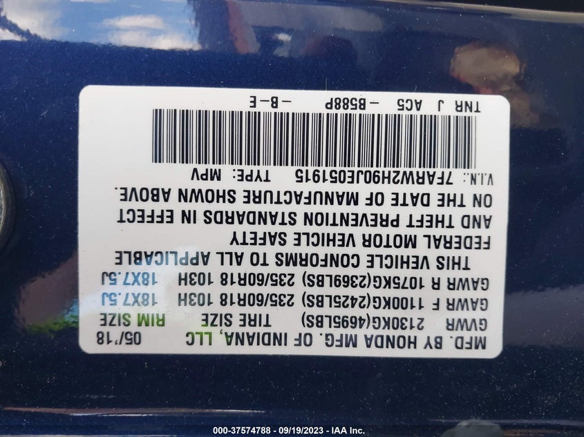 VIN 7FARW2H90JE051915 2018 HONDA CR-V TOURING