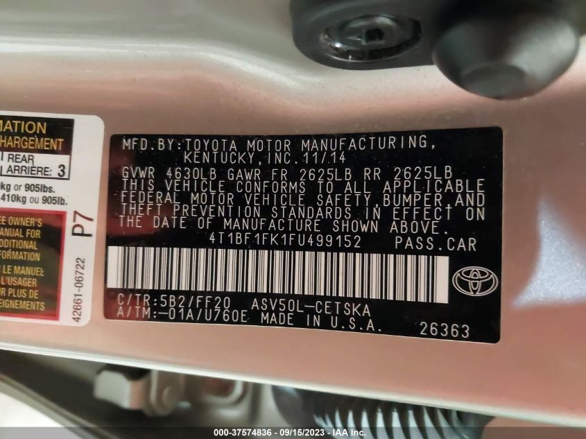 2015 TOYOTA CAMRY XLE/SE/LE/XSE - 4T1BF1FK1FU499152